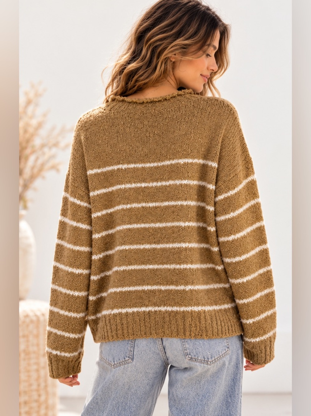 J. Crew Striped Camel & White Crewneck Rolled Hem Gorpcore Casual Sweater Small - Picture 2 of 7